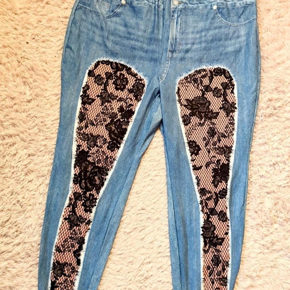 Faux Distressed Lace Weird Core Eccentric Maximalist Cutout Leggings Womens 6XL